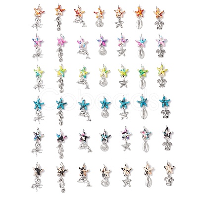 7Pcs 7 Styles Dyed Synthetic Turquoise Starfish & Alloy Sea Animals Pendants PALLOY-JF03754-1
