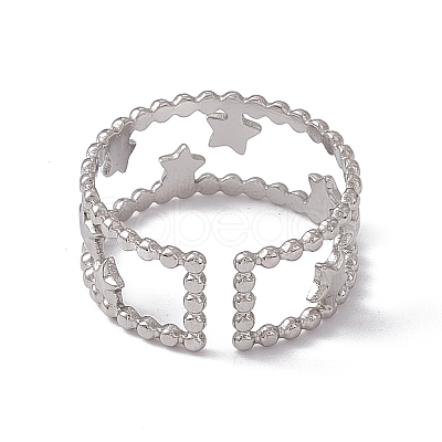 Non-Tarnish 304 Stainless Steel Stars Double Line Open Cuff Ring for Women RJEW-C045-24P-1