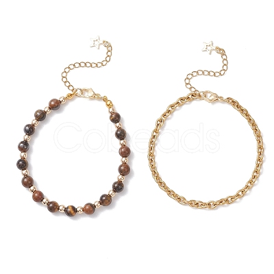 2Pcs 2 Styles Round Natural Grade AB Tiger Eye & Synthetic Hematite Beaded Bracelets & 304 Stainless Steel Cable Chains Bracelets for Women BJEW-JB12800-01-1