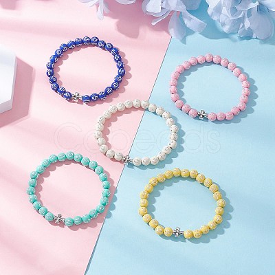 Acrylic Round with Cross Beads Stretch Bracelets BJEW-JB11941-1