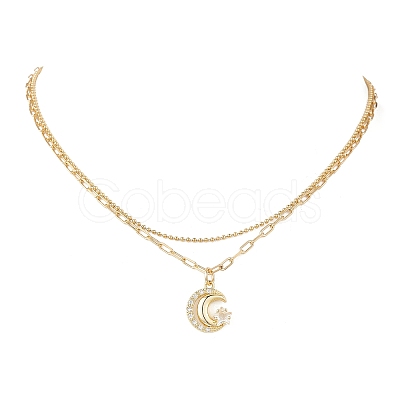 Brass Pave Clear Cubic Zirconia Moon with Star Pendant Necklaces NJEW-JN05383-1