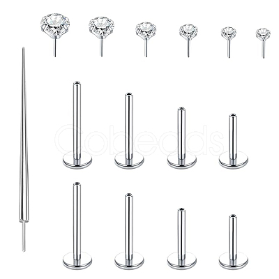 15Pcs 304 Stainless Steel Clear Cubic Zirconia & G23 Titanium Alloy Flat Round Stud Earrings EJEW-FS0001-30-1