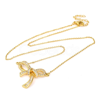 Brass Micro Pave Clear Cubic Zirconia Bowknot Pendant Necklaces NJEW-F326-04G-1