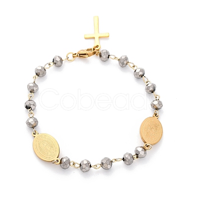 201 Stainless Steel & Electroplated Glass  Miraculous Medal Virgin Cross Charm Bracelets LS-BJEW-B078-163G-1