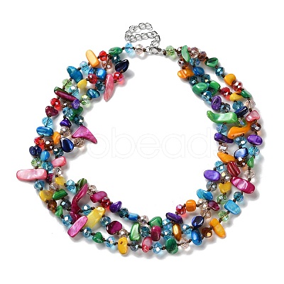 Boho Glass & Dyed Natural Shell Beaded Chips 3 Layer Necklaces for Women NJEW-H047-01C-1