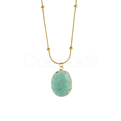 Natural Amazonite Faceted Oval Pendant 304 Stainless Steel Satellite Chain Necklaces for Women WG6F64C-01-1