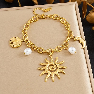 304 Stainless Steel & Plastic Imtation Pearl Charm Bracelets BJEW-B171-06G-1