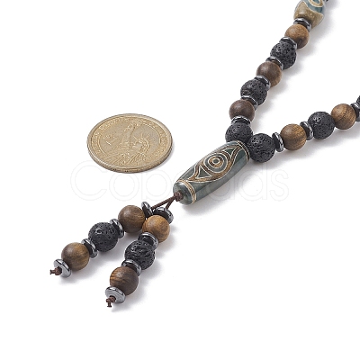 Natural Lava Rock & Synthetic Hematite & Wood Buddhist Necklace NJEW-JN04305-1