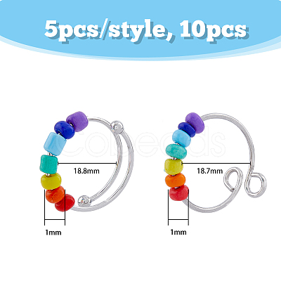 10Pcs 2 Style Rainbow Color Glass Beaded Rotating Open Cuff Rings Set RJEW-DC0001-15-1