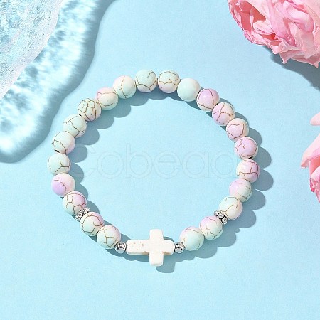 Baking Paint Synthetic Turquoise Round & Cross Beads Stretch Bracelets for Men Women BJEW-JB12339-02-1