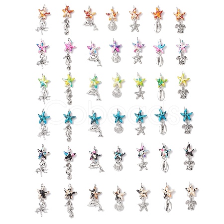 7Pcs 7 Styles Dyed Synthetic Turquoise Starfish & Alloy Sea Animals Pendants PALLOY-JF03754-1
