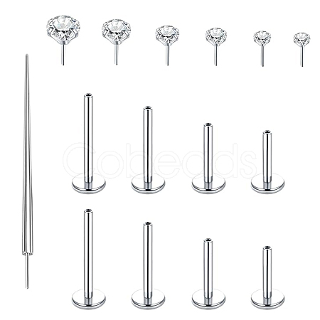 15Pcs 304 Stainless Steel Clear Cubic Zirconia & G23 Titanium Alloy Flat Round Stud Earrings EJEW-FS0001-30-1
