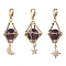 Natural Amethyst Brass Pendant Decorations, Diamond with Star & Moon, 48~52mm, 3pcs/set