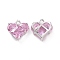 Brass Glass Heart Charms, Faceted, Pink, Platinum, 14x13.5x5mm, Hole: 1.8mm