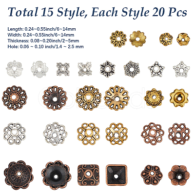 300Pcs 15 Styles Tibetan Style Alloy 4-Petal Bead Caps TIBE-PA0001-21-1