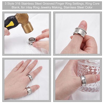 9Pcs 3 Style 304 Stainless Steel Grooved Finger Ring Settings STAS-UN0034-96-1