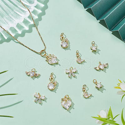 12Pcs 6 Styles Brass Micro Pave Cubic Zirconia Pendants ZIRC-WR0001-08-1