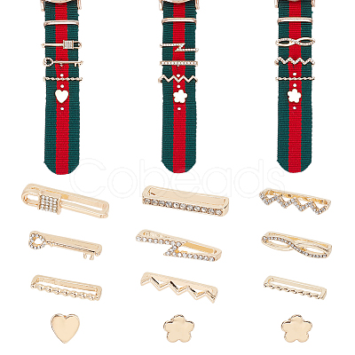 12Pcs 12 Style Wave & Flower & Heart & Lock & Key Alloy Rhinestones Watch Band Charms Set MOBA-PH0001-15-1