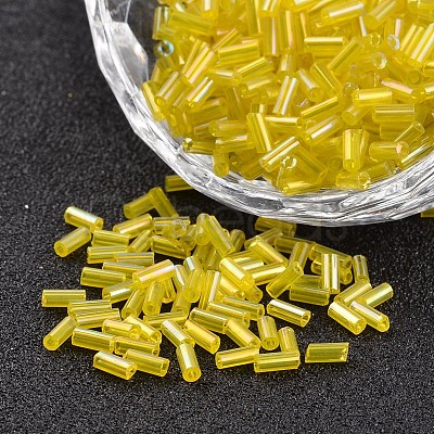 Tube Transparent Colours Rainbow Plated Glass Bugle Beads X-SEED-I001-170-1