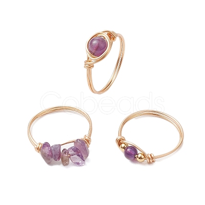 3Pcs 3 Styles Natural Rose Quartz & Amethyst & Green Aventurine Finger Rings RJEW-JR00745-1