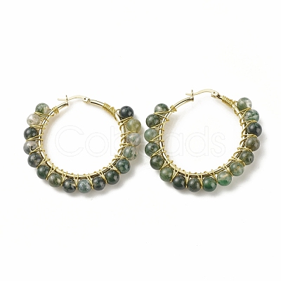Natural Moss Agate Beaded Hoop Earrings for Women EJEW-C003-03G-RS-1