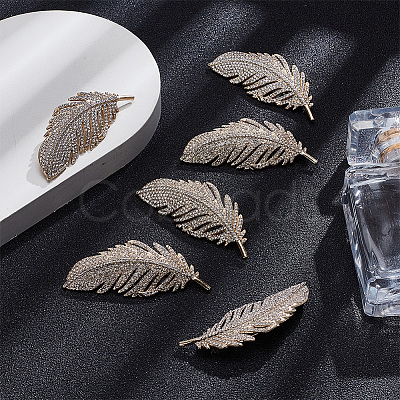6Pcs Feather Shape Brass Rhinestone Lapel Pins for Backpack Clothes JEWB-UN0002-71B-1