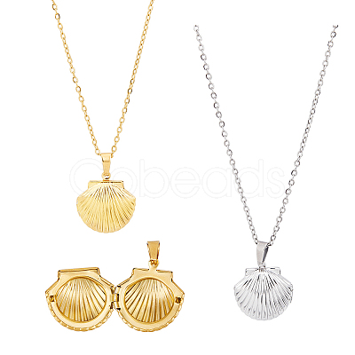 FIBLOOM 2Pcs 2 Colors Titanium Steel Shell Shape Locket Pendant Necklaces Set NJEW-FI0001-28-1