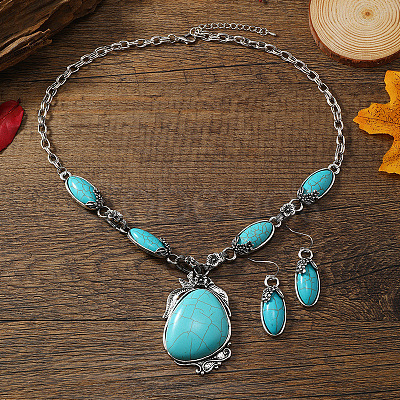 Bohemian Ethnic Style Alloy with Synthetic Turquoise Teardrop Pendant Necklaces & Oval Dangle Earrings Sets FS-WGCAAC5-01-1