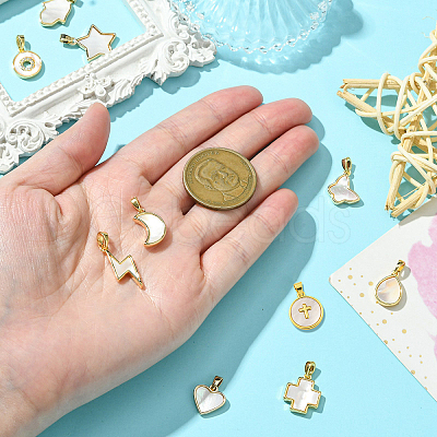 10Pcs 10 Styles Brass Pave Natural White Shell Pendants KK-CJ0002-56-1