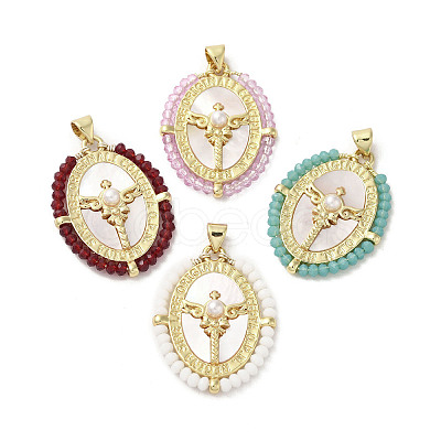 Brass Pave Shell Pendants KK-I708-01-G-1