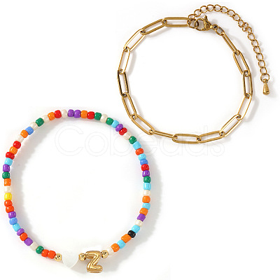 2Pcs 2 Styles Glass Seed Beads & Natural Shell & 304 Stainless Steel Beads Stretch Bracelest & Brass Paperclip Chain Bracelets Set for Women GY4605-26-1