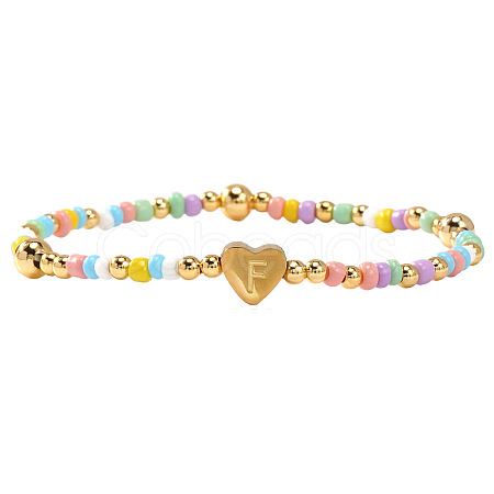 Summer Stainless Steel Heart Alphabet Colorful Glass Seed Beaded Stretch Bracelets for Women JV8929-32-1