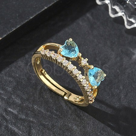 Adjustable Bowknot Shape Brass & Light Blue Cubic Zirconia Finger Rings CU-CBA7E55-07G-1