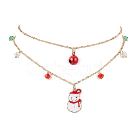 Christmat Bell & Snowman Alloy Red Enamel Pendant Necklaces NJEW-JN05115-1