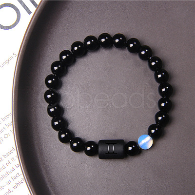 12 Constellations Protetion Aquamarine & Black Obsidian Round Beads Stretch Bracelets for Men Women WG083ED-12-1