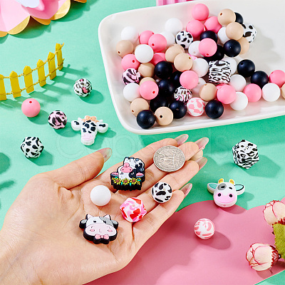 80Pcs Round & Cow Stripe Food Grade Eco-Friendly Silicone Focal Beads SIL-TA0002-68-1