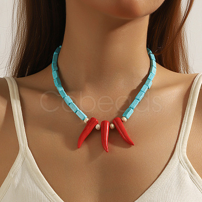 Bohemian Hot Pepper with Synthetic Turquoise Cuboid Beaded Necklaces with Alloy End Chains FS-WG16541-06-1