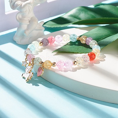 Candy Color Round Beaded Stretch Bracelet with Heart Unicorn Charm for Women BJEW-JB07636-04-1