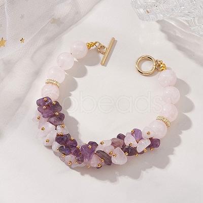 Natural Amethyst & Natural Rose Quartz Beaded Bracelets for Women BJEW-JB13150-01-1