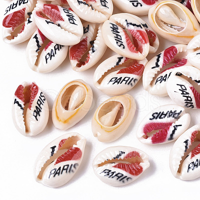 Printed Natural Cowrie Shell Beads SSHEL-R047-01-G01-1