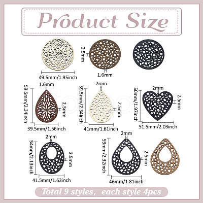 36Pcs 9 Styles Wood Pendants WOOD-PH0003-72-1