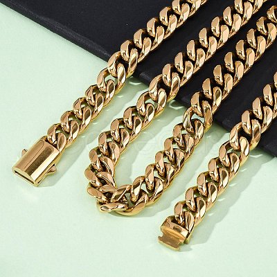 12MM 304 Stainless Steel Cuban Link Chain Necklaces for Unisex NJEW-K295-02C-G-1