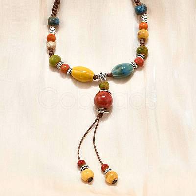Ethnic Style Alloy & Porcelain Ceramic Beads Round Pendant Tassel Y Necklaces LS-NJEW-D308-01A-1