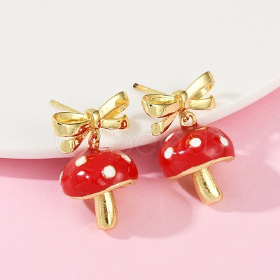 Mushroom with Bowknot Brass Enamel Dangle Stud Earrings EJEW-F895-25B-G-1
