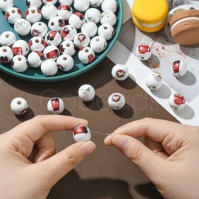80Pcs 4 Styles Coffee Printed Wooden European Beads WOOD-CJ0001-82-1