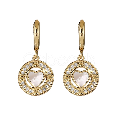 Heart with Flat Round Brass Micro Pave Clear Cubic Zirconia Hoop Earrings KK-D363-11A-G-1