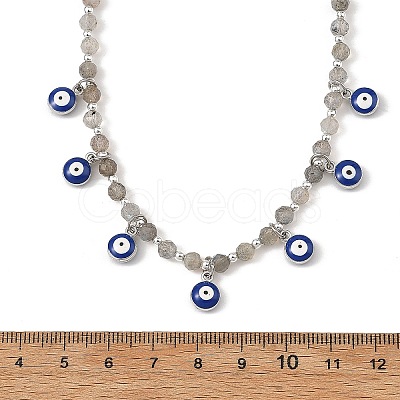 Alloy Enamel Blye Evil Eye Pendant Faceted Round Natural Labradorite Beaded 304 Stainless Steel Satellite Chain Double Layer Necklaces NJEW-JN06542-1