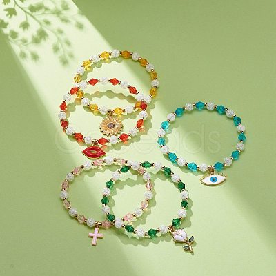 Acrylic Beaded Stretch Bracelet with Alloy Enamel Charms for Women BJEW-JB08727-1