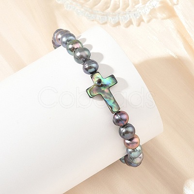 Dyed Natural Cultured Freshwater Pearl Round Beaded Bracelets with Religion Cross Natural Paua Shell for Women BJEW-JB14274-1
