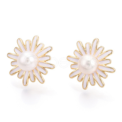 Daisy Flower Natural Pearl Stud Earrings with Enamel PEAR-N020-07G-1